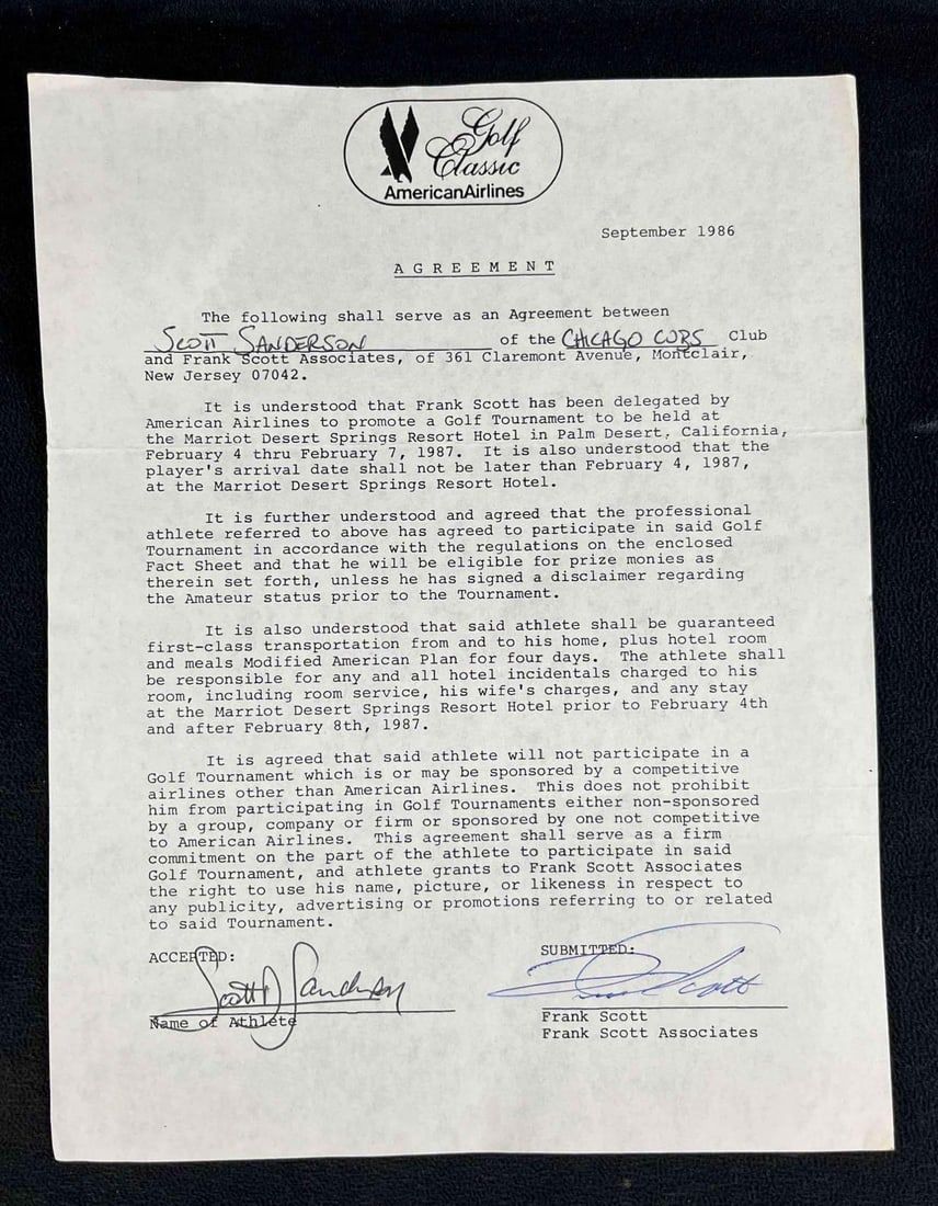 Lot 400: Scott Sanderson Signed American Airlines Golf Letter
