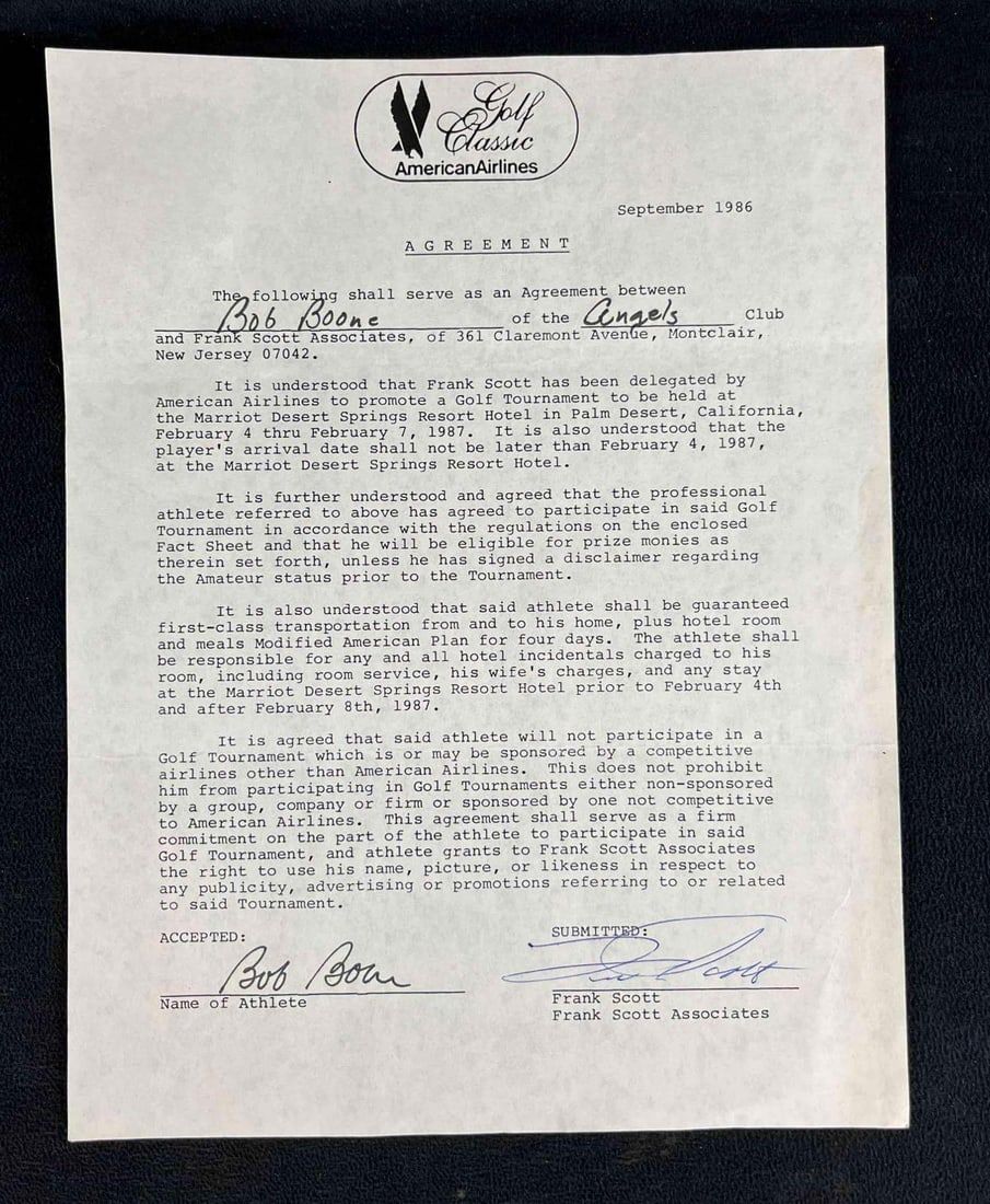 Lot 410: Bob Boone Signed American Airlines Golf Letter
