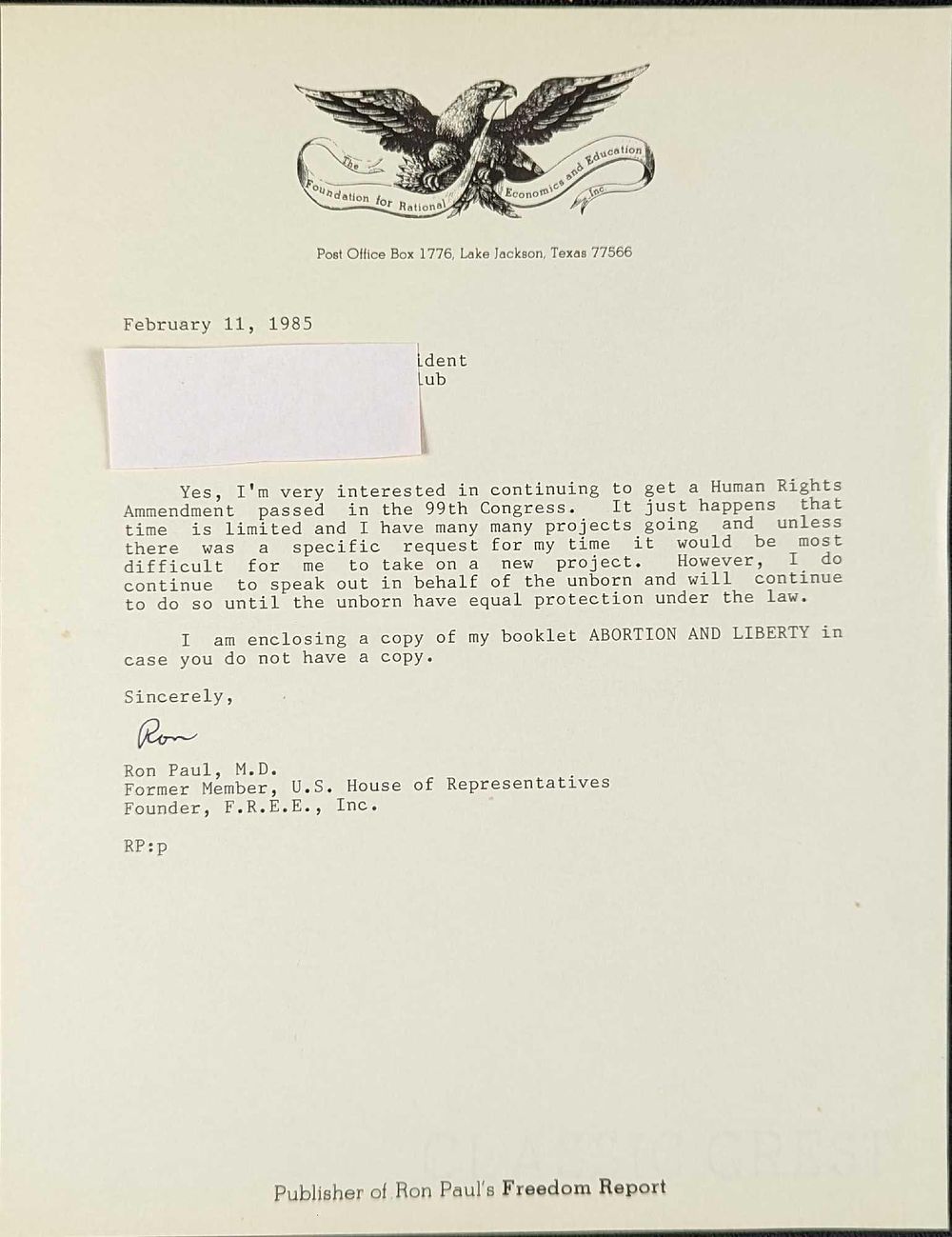 Lot 413: Signed Ron Paul Freedom Report Letter