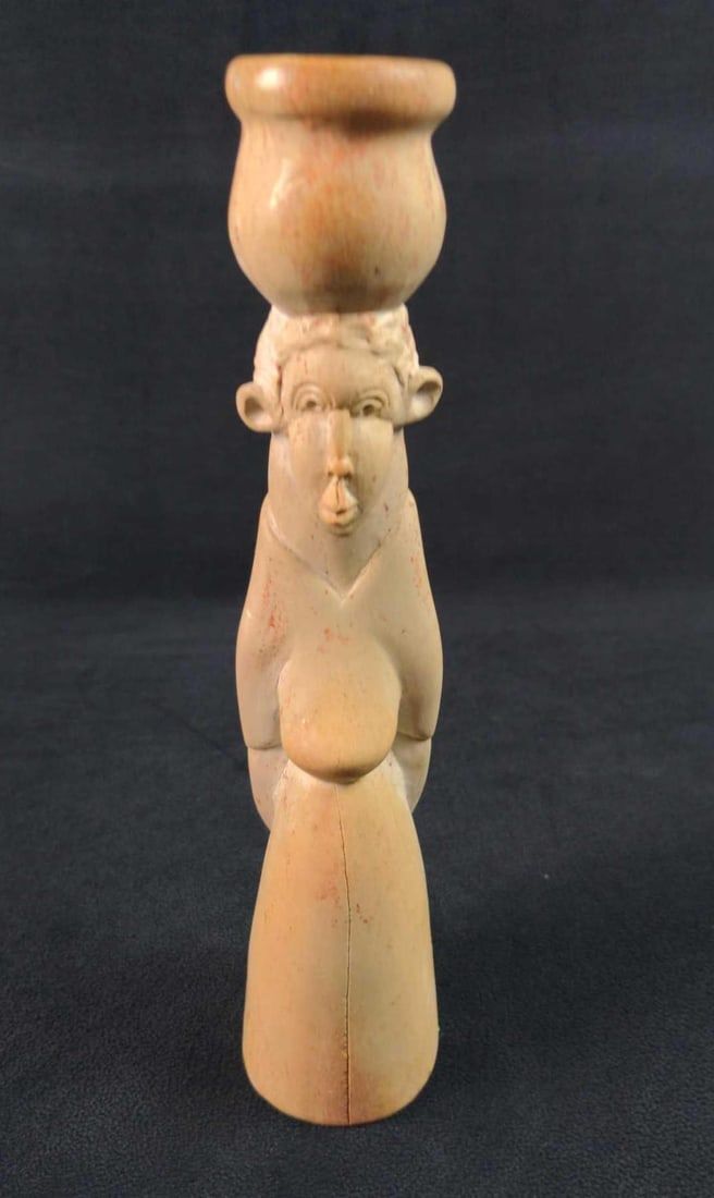 Lot 425: Vintage Handcarved Stone Candlestick Woman With Basket