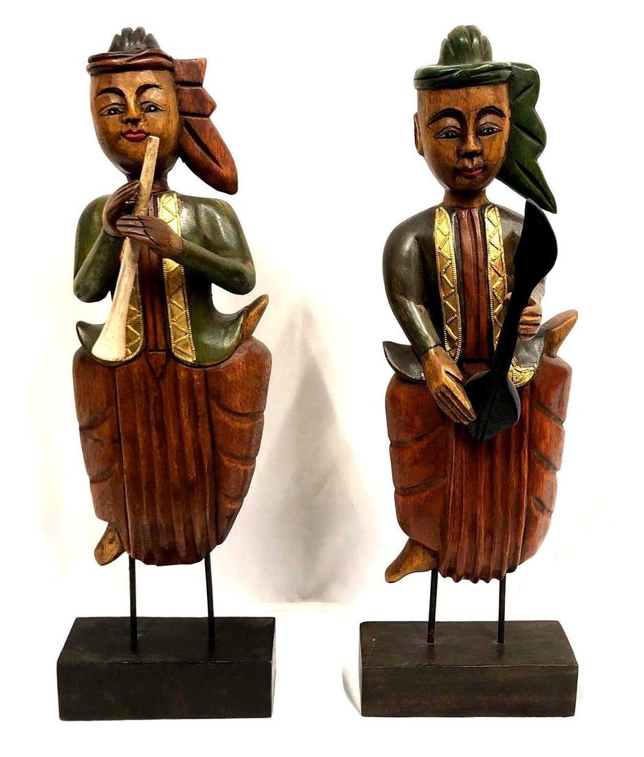 Lot 429: Pair of Vintage Carved Wood Thai Painted Musicians