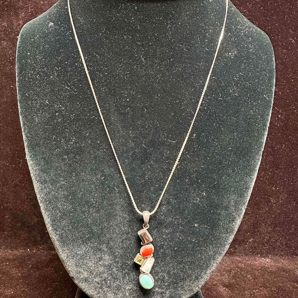 Lot 442: 925 LT Thailand Sterling Silver Necklace and Multi Gemstone Tiered Pendant D76