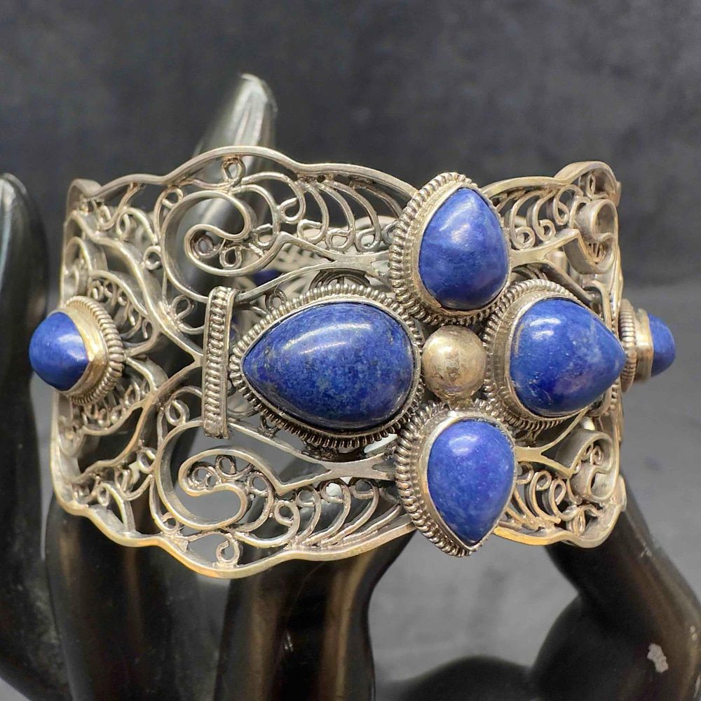 Lot 450: BJ 925 Sterling Silver Filigree Lapis Blue Gemstone Bangle Hinged Bracelet