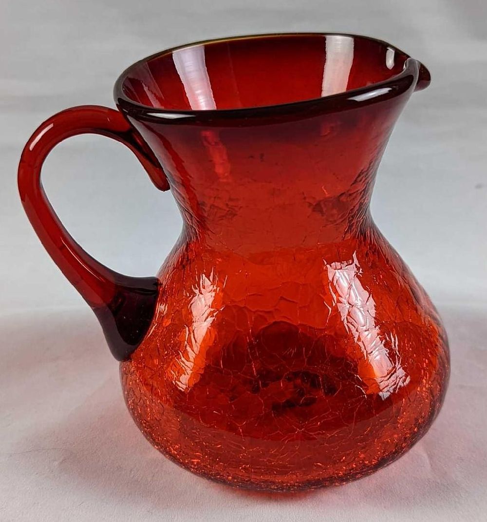 Lot 453: Vintage Red Crackle Glass Small Pitcher Creamer
