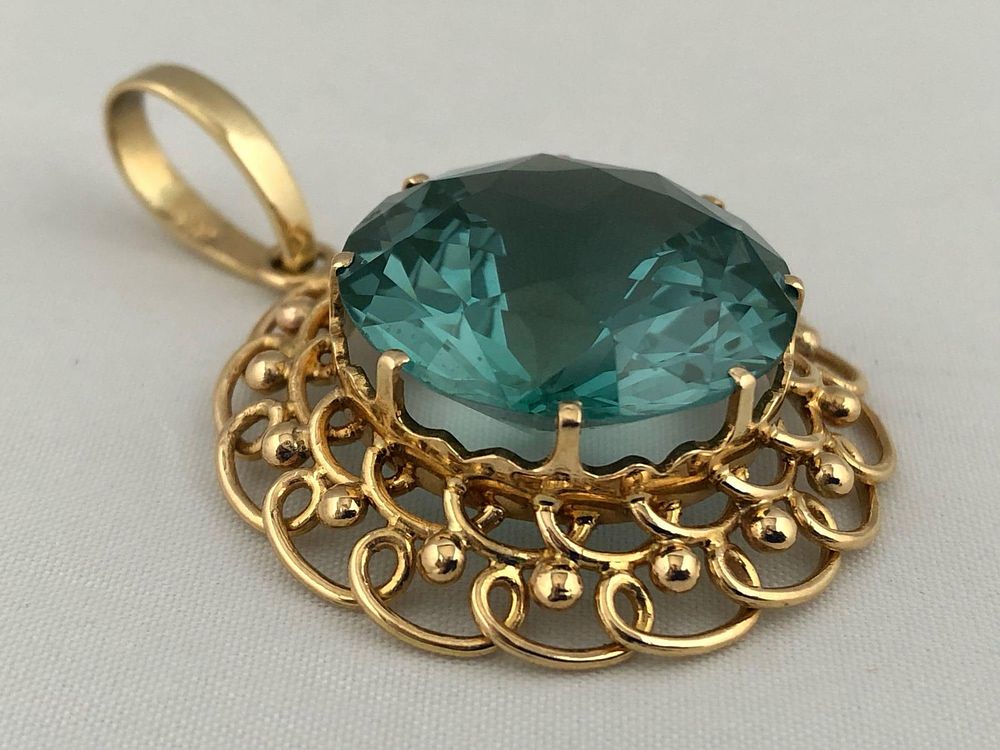 Lot 458: Custom Made European 14K Bezel 22MM Teal Round Faceted CZ Statement Solitaire Medallion Pendant