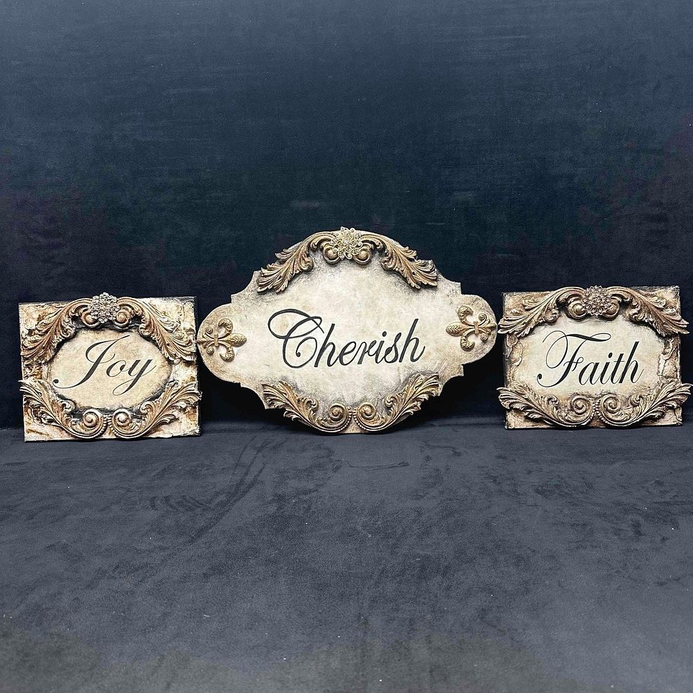Lot 460: Michelle Butler Designs Joy Faith Cherish Handcrafted Plaque Gold Cream Sign Set