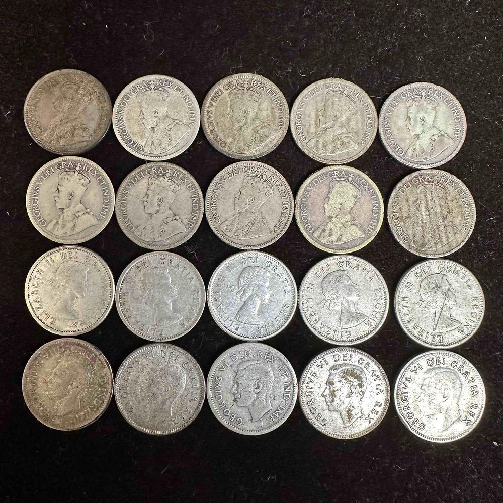 Lot 461: Canada Dime 10 Cent Silver Coin Collection Twenty Canadian Dimes Coins .800