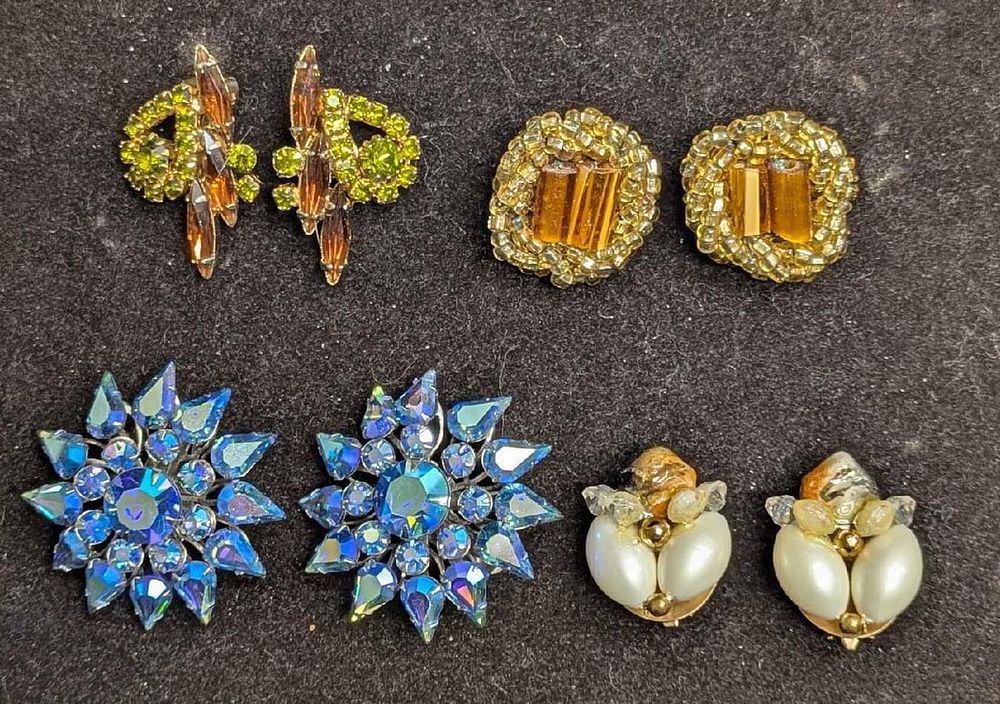 Lot 462: Vintage Of Unsigned Rhinestone AB Crystals Clip On Earrings Lot Of 4