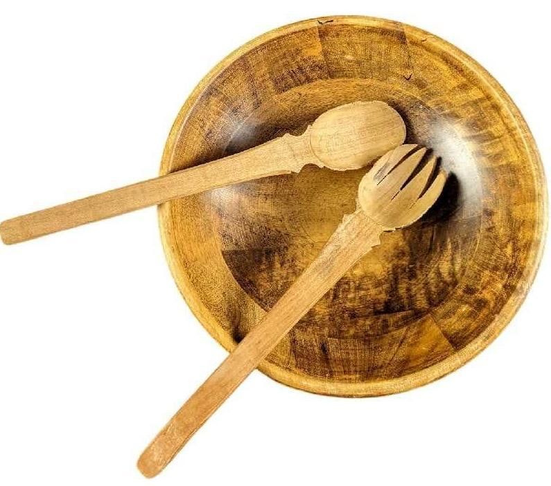 Lot 475: Vintage Wooden Serving Salad Bowl W Salad Servers