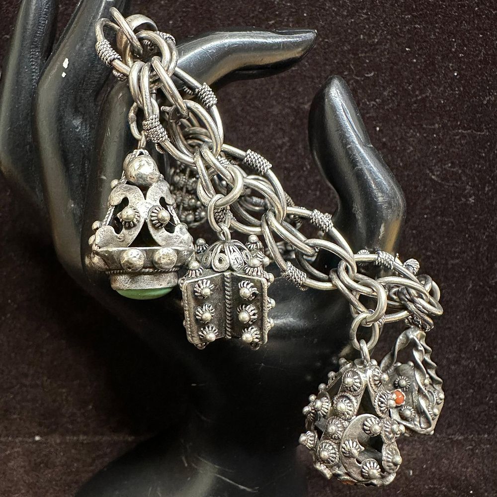 Lot 480: 800 Silver Gemstone Accent Six Ornate Charm Bracelet R8