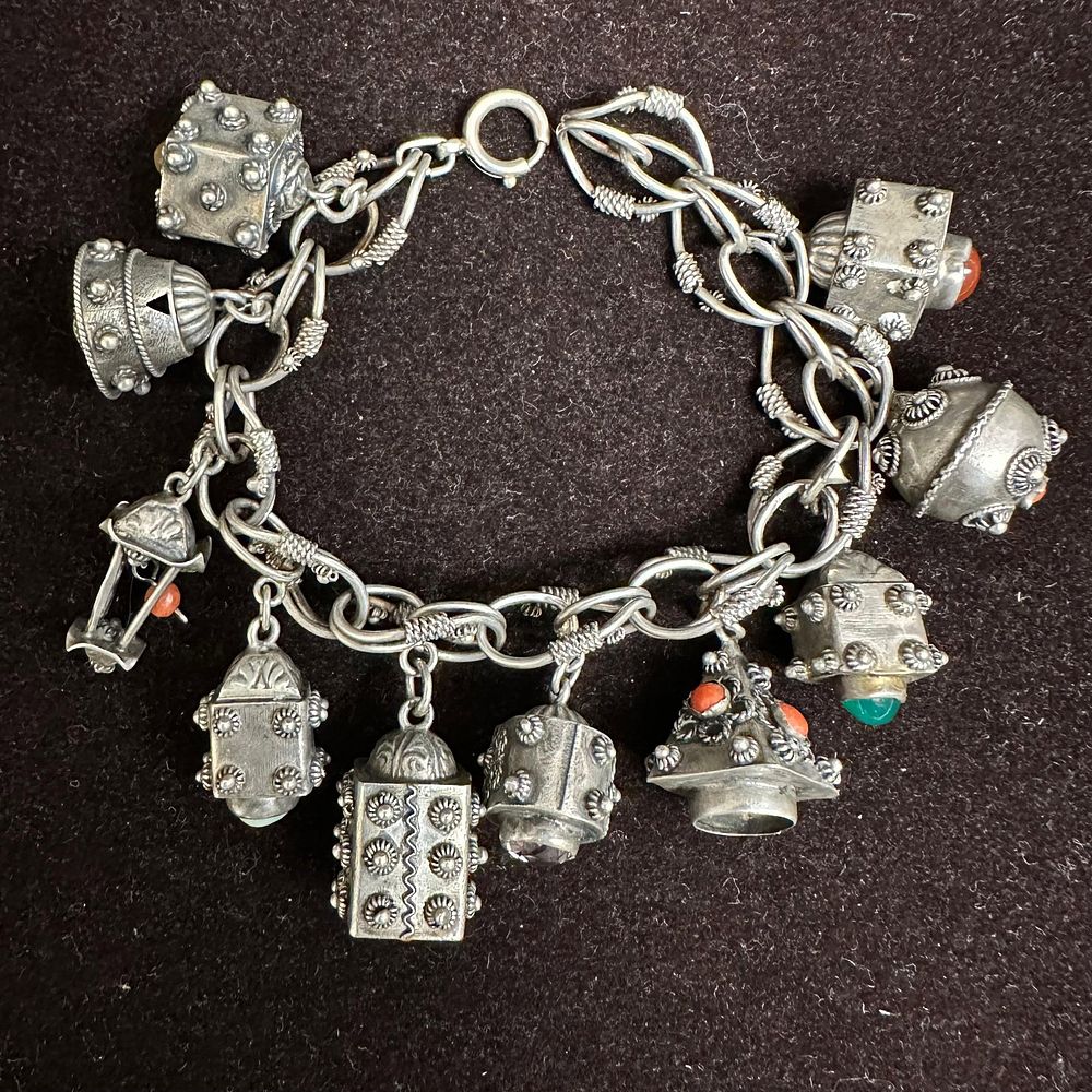 Lot 485: Italian Etruscan Style Sterling Multiple Ornate Charms with Small Gemstones R13