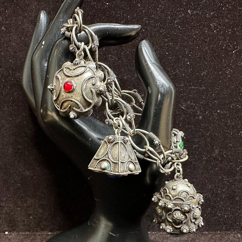 Lot 489: Filigree Five Charms Bracelet 800 Silver Etruscan Revival Style R18