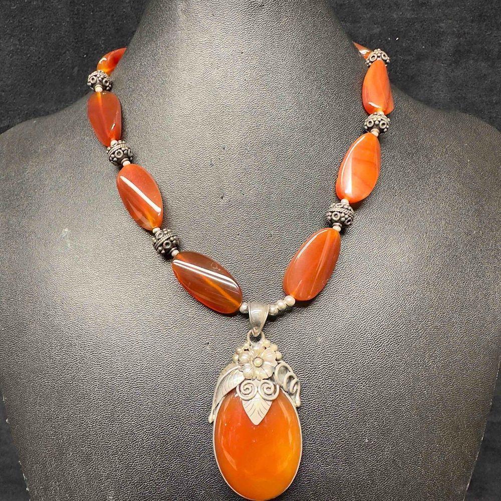 Lot 494: Sterling Silver Carnelian Gemstone Merav Indonesia 925 Necklace and Pendant C4