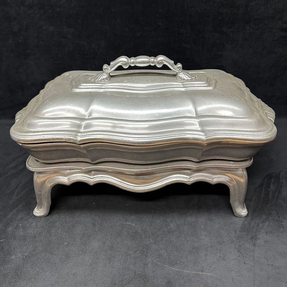 Lot 181: Wilton Columbia Pewter Covered Casserole Dish Serving Tray with Stand Country Ware RWP