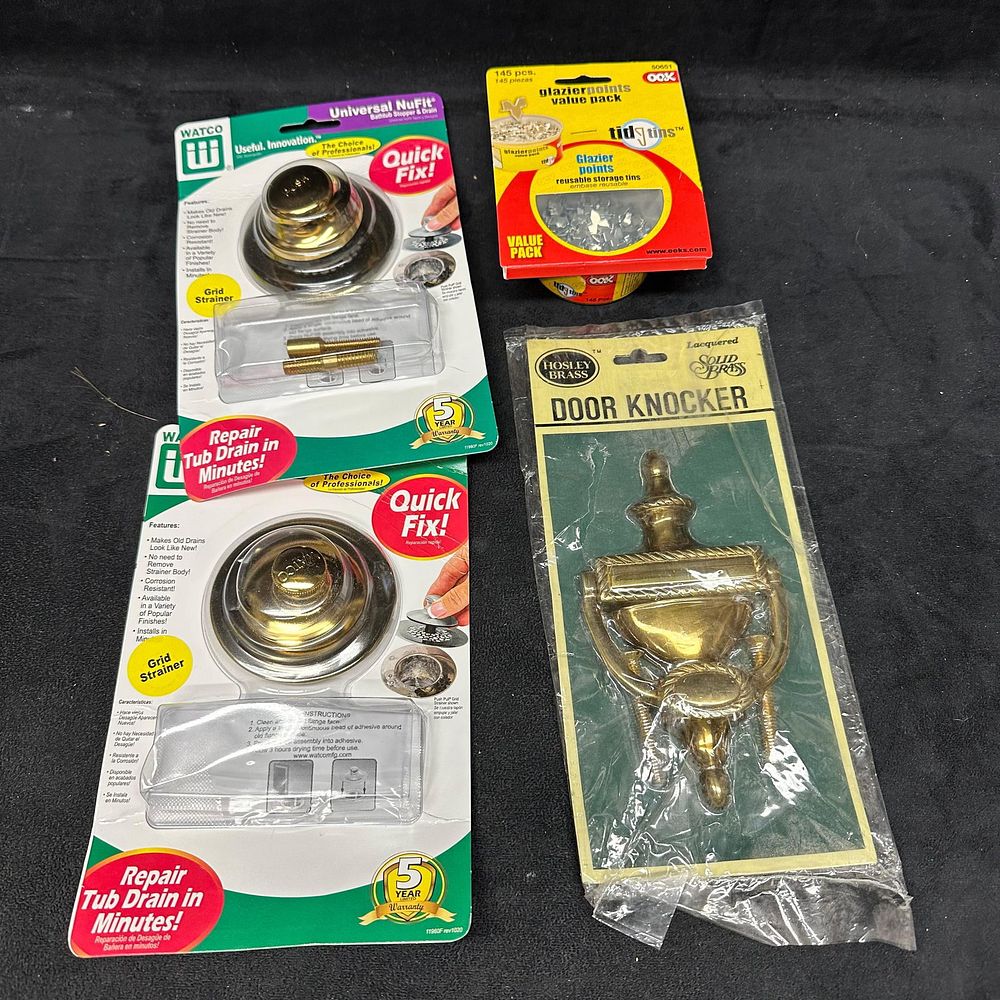 Lot 370: Assorted Brass Hardware and Home Improvement Lot Door Knocker Drain Closures Glazier Points
