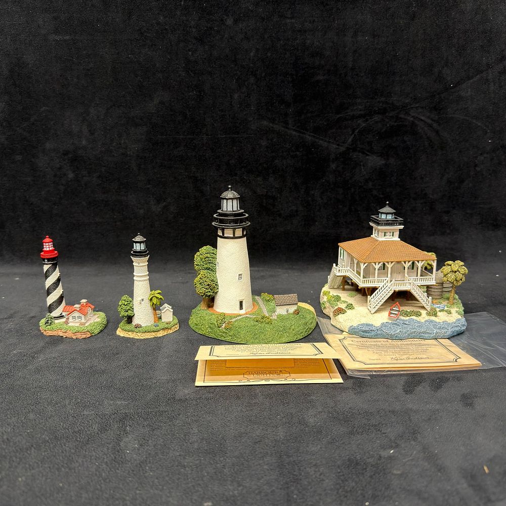 Lot 386: Four Florida Harbour Lights Lighthouse Landmark Figurines Signed Collectibles
