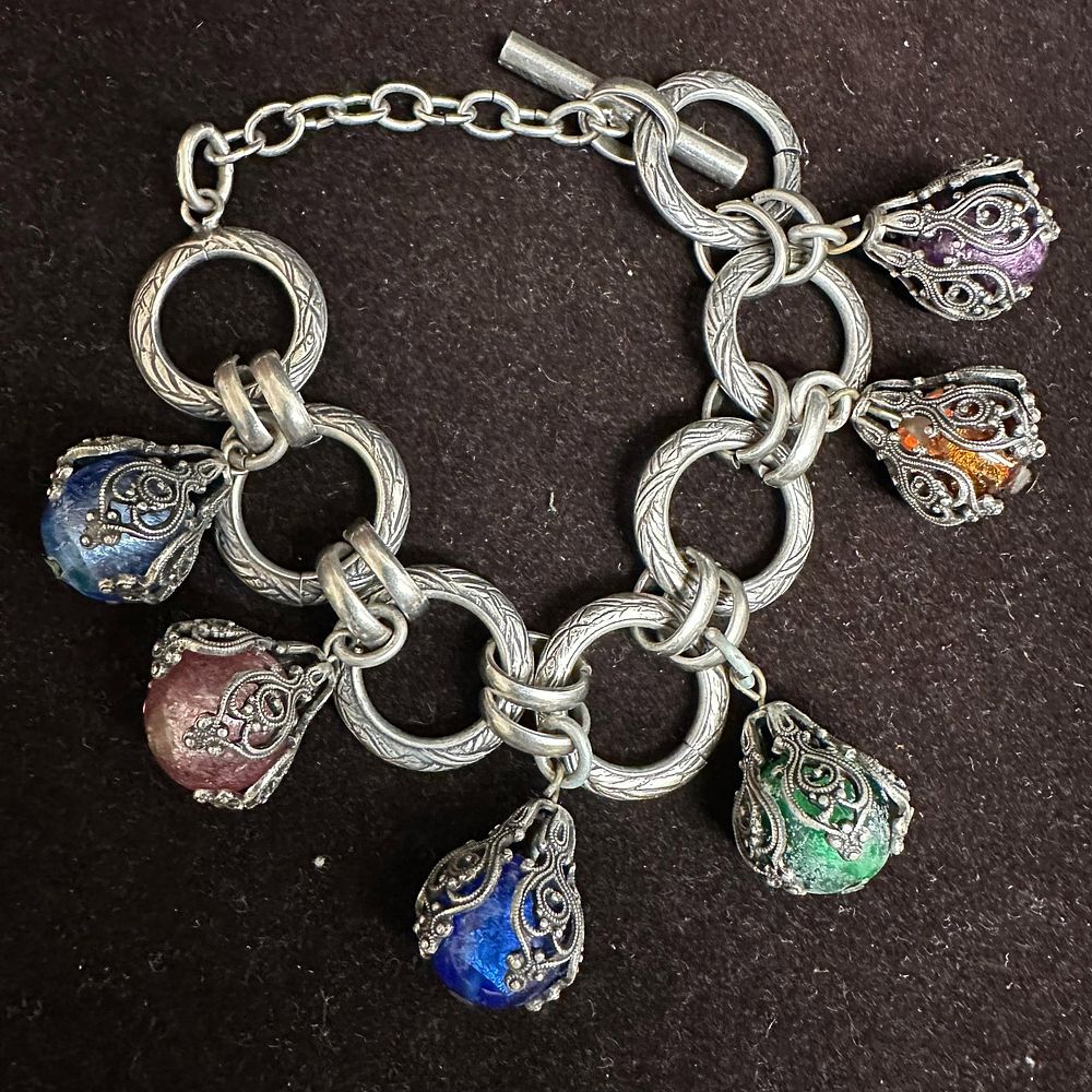Lot 407: French Style Multi Colored Poured Glass Foil Charm Dangle Bracelet France