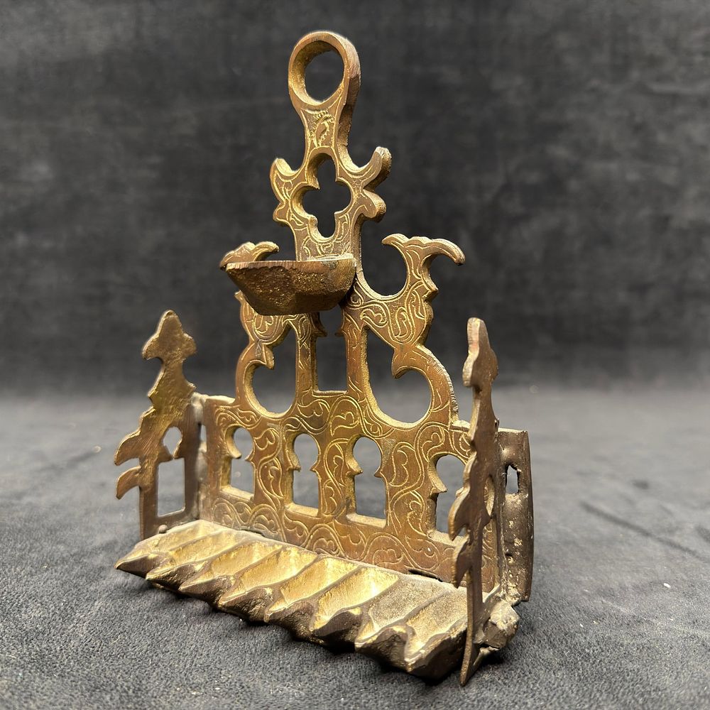 Lot 426: Antique Judaica Ornate Brass Hanukkah Menorah Wall-Mounted Oil Lamp