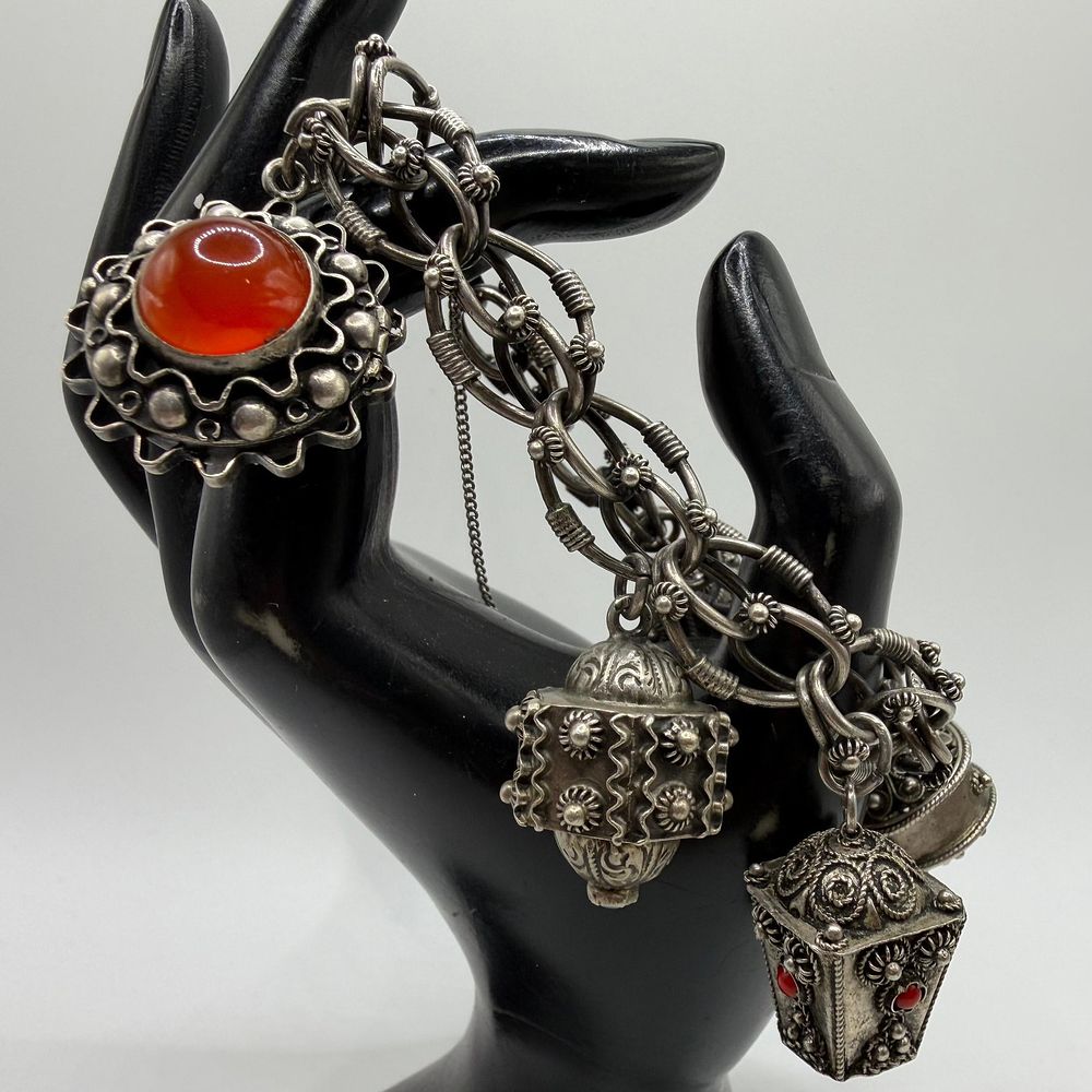 Lot 432: Architectural Poison Pill Box Locket Charm 900 and 800 Silverwork Bracelet RS2