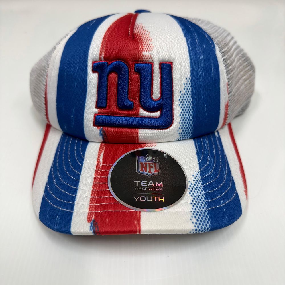 Lot 438: New York Giants NFL Youth Trucker Snapback Hat Red White Blue Colorway