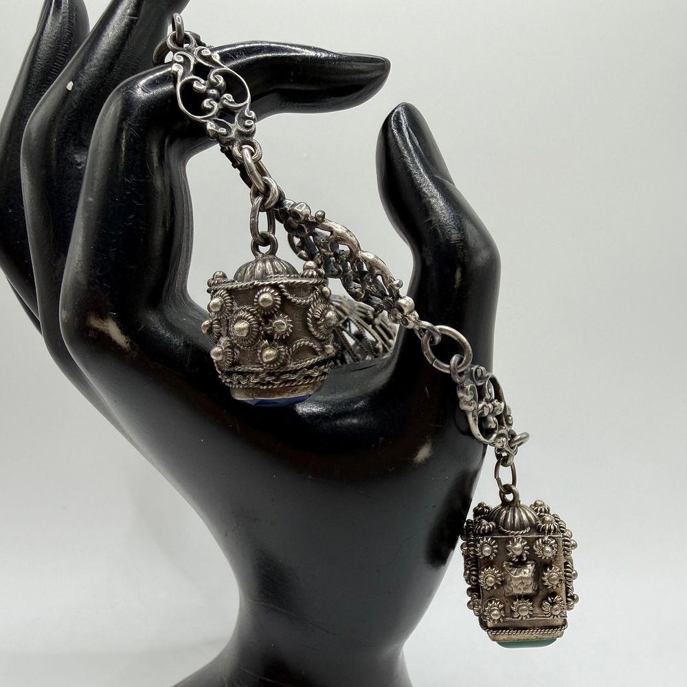 Lot 446: Three Fob Charm Ornate Filigree Etruscan Revival Style Bracelet Sterling Silver RS10
