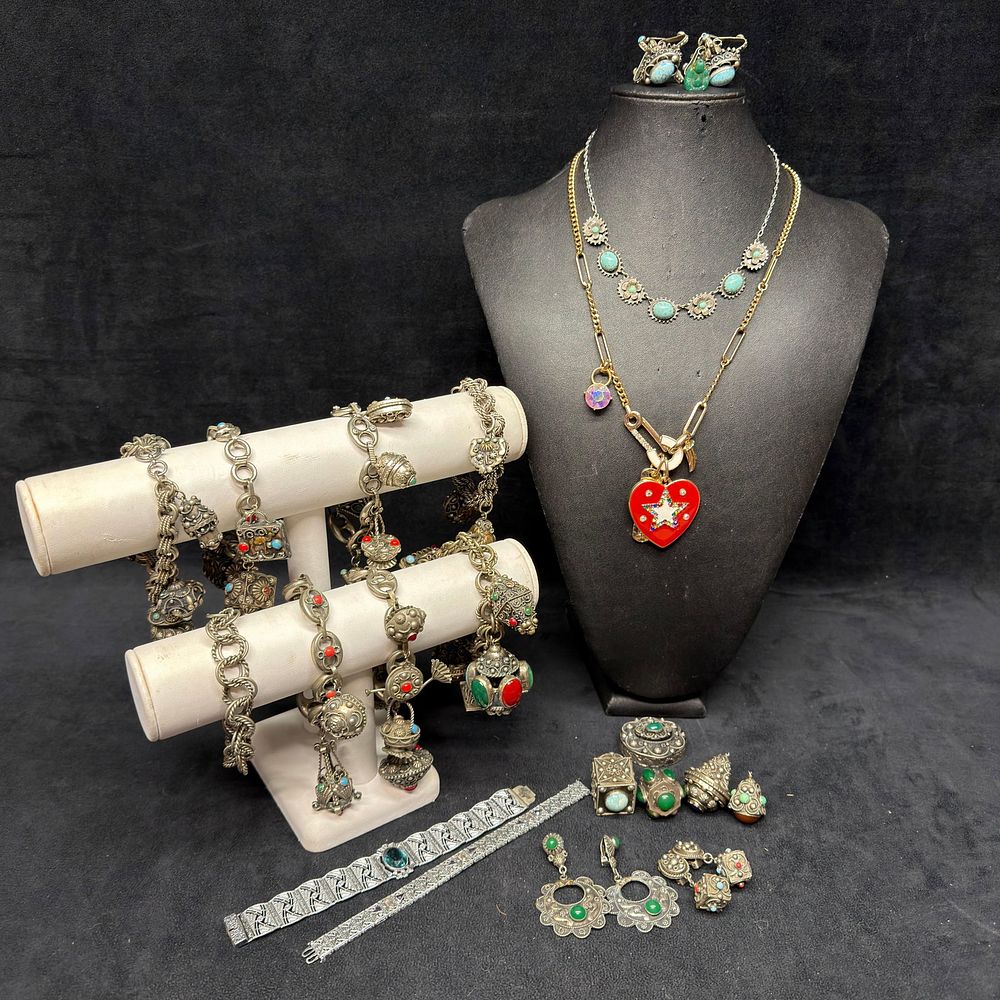 Lot 447: Large Lot of Ornate Alpaca Silver Style Costume Jewelry Charm Bracelets Necklaces Earrings