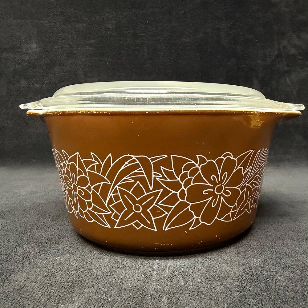 Lot 451: Pyrex Woodland Brown Floral Casserole Dish with Glass Lid MCM Style