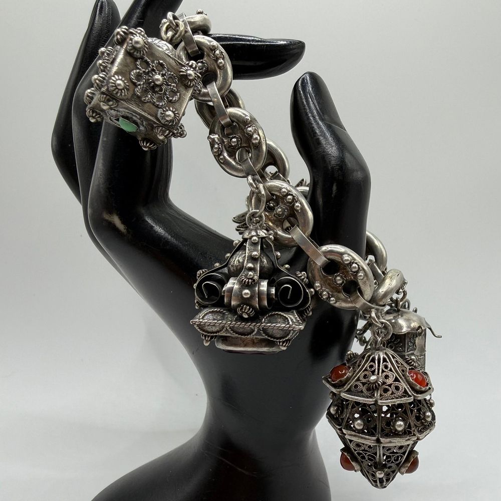 Lot 460: Five Fob Charm 800 Silver Bracelet RS13 Italian Etruscan Revival Style