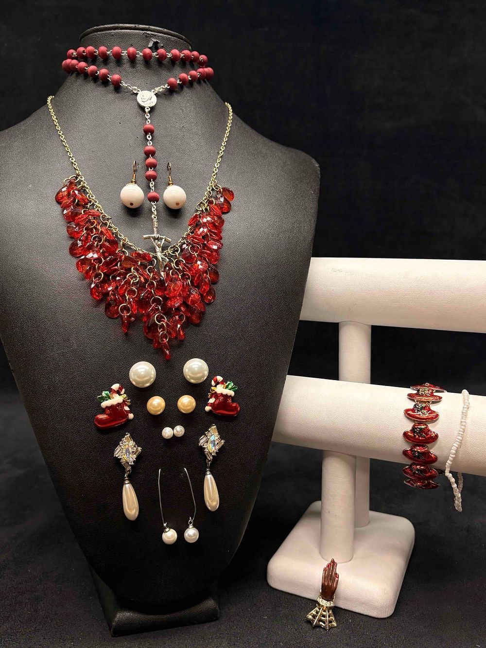 Lot 466: 12pc Crimson and Pearls Yuletide Opulence Mixed Costume Jewelry Lot
