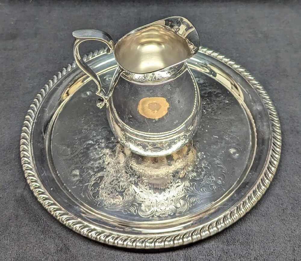Lot 472: Vintage Silverplate Platter And Creamer Pitcher