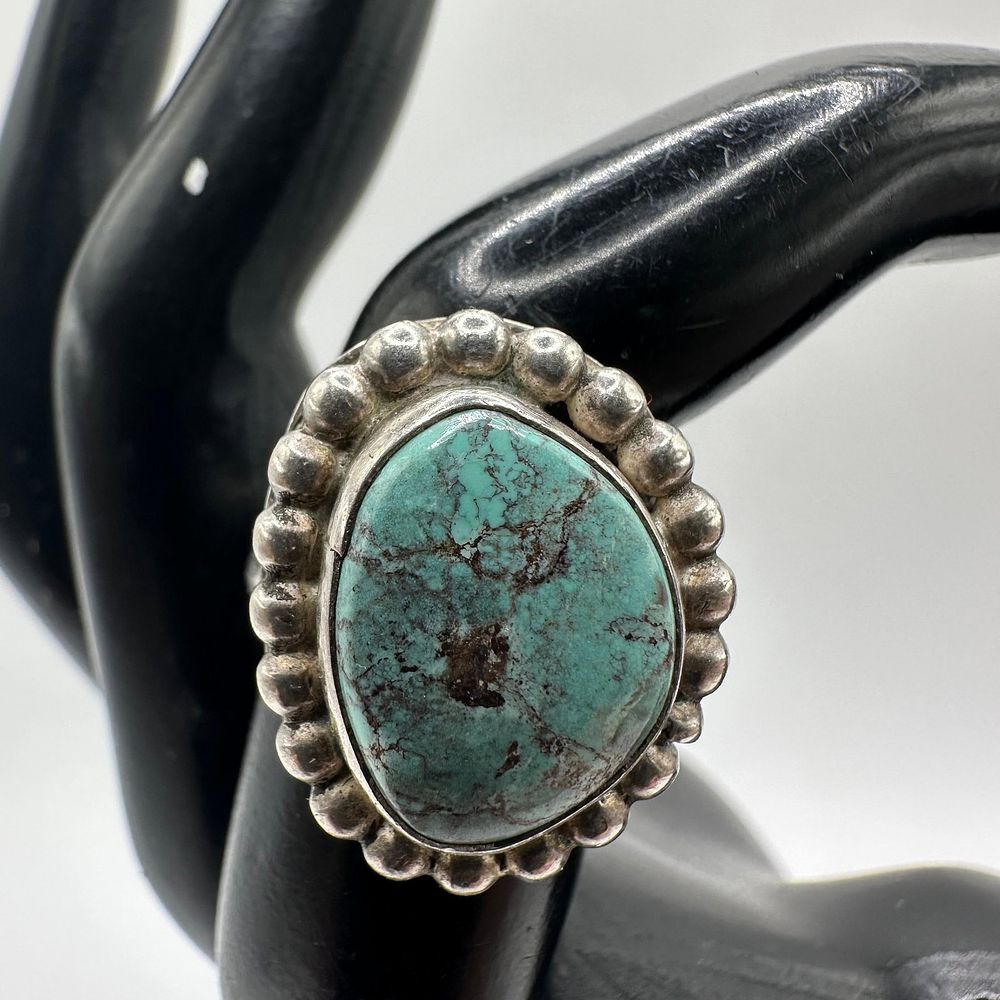 Lot 474: Beaded Border Bezel Turquoise Silver Ring Rain Drop Design Style