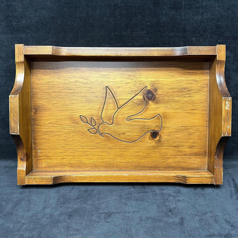 Lot 488: Wood Engraved Inlaid Dove with Olive Branch Wooden Tray