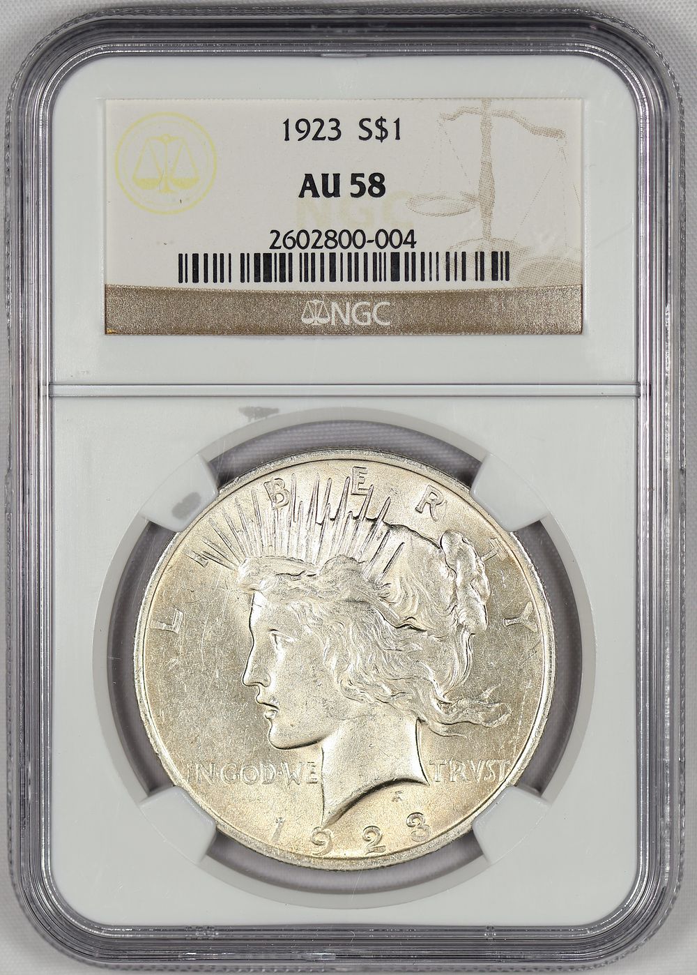 Lot 252: 1923 AU 58 NGC Peace Silver Dollar