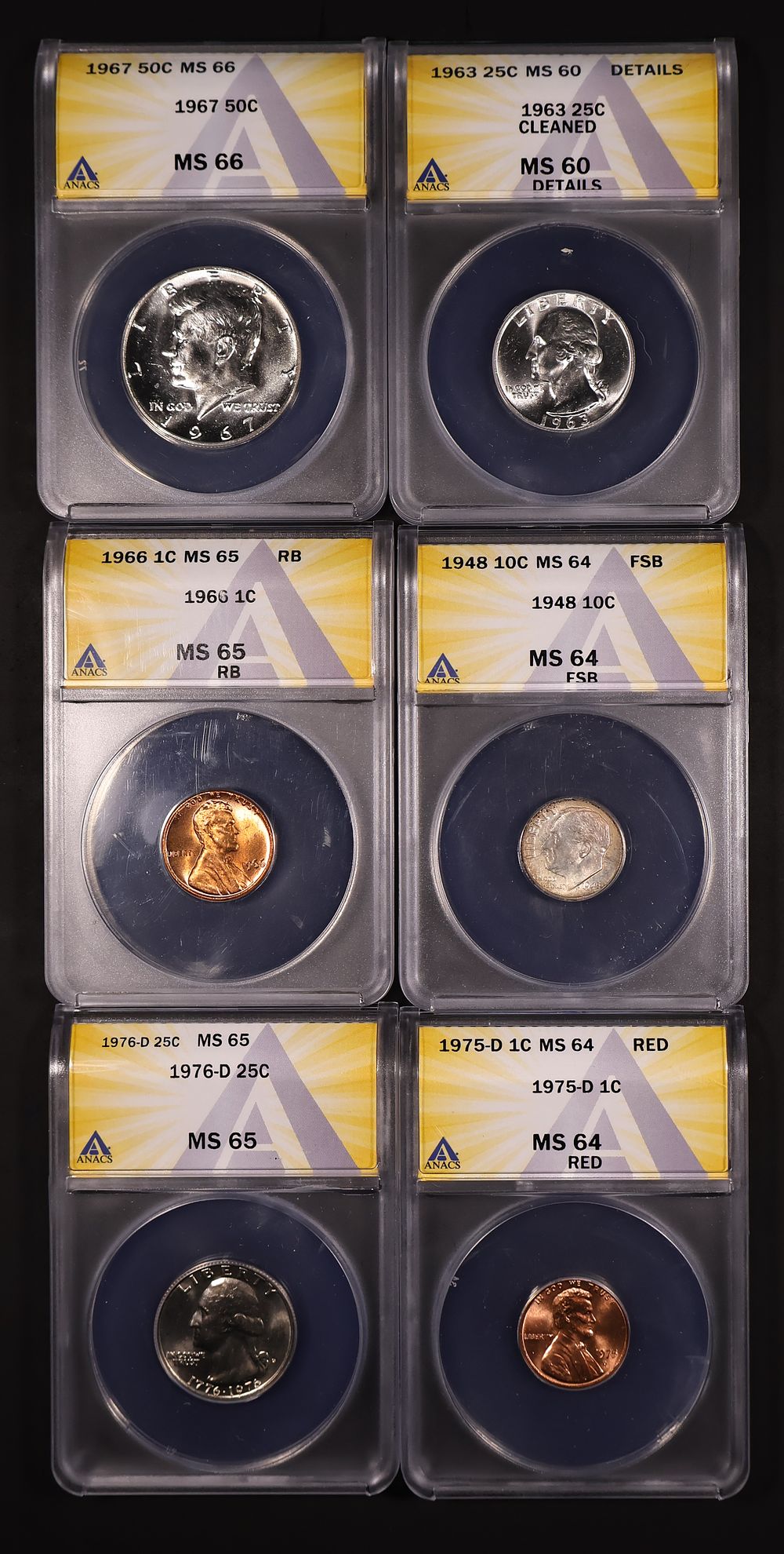 ANACS Graded Mixed 6pc Lot w/ Silver. Inclueds some 90% and 40% silver issues. Bid is for all 6. 
