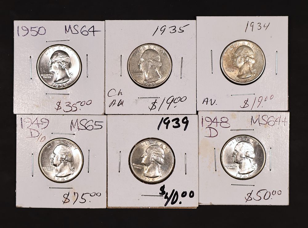 1934 - 1949 D/D Washington Silver Quarter 6pcs Lot. As marked as consigned. AU to GEM condition.