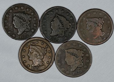 5 Coronet Liberty Head Large Cent Lot. Great book fillers!