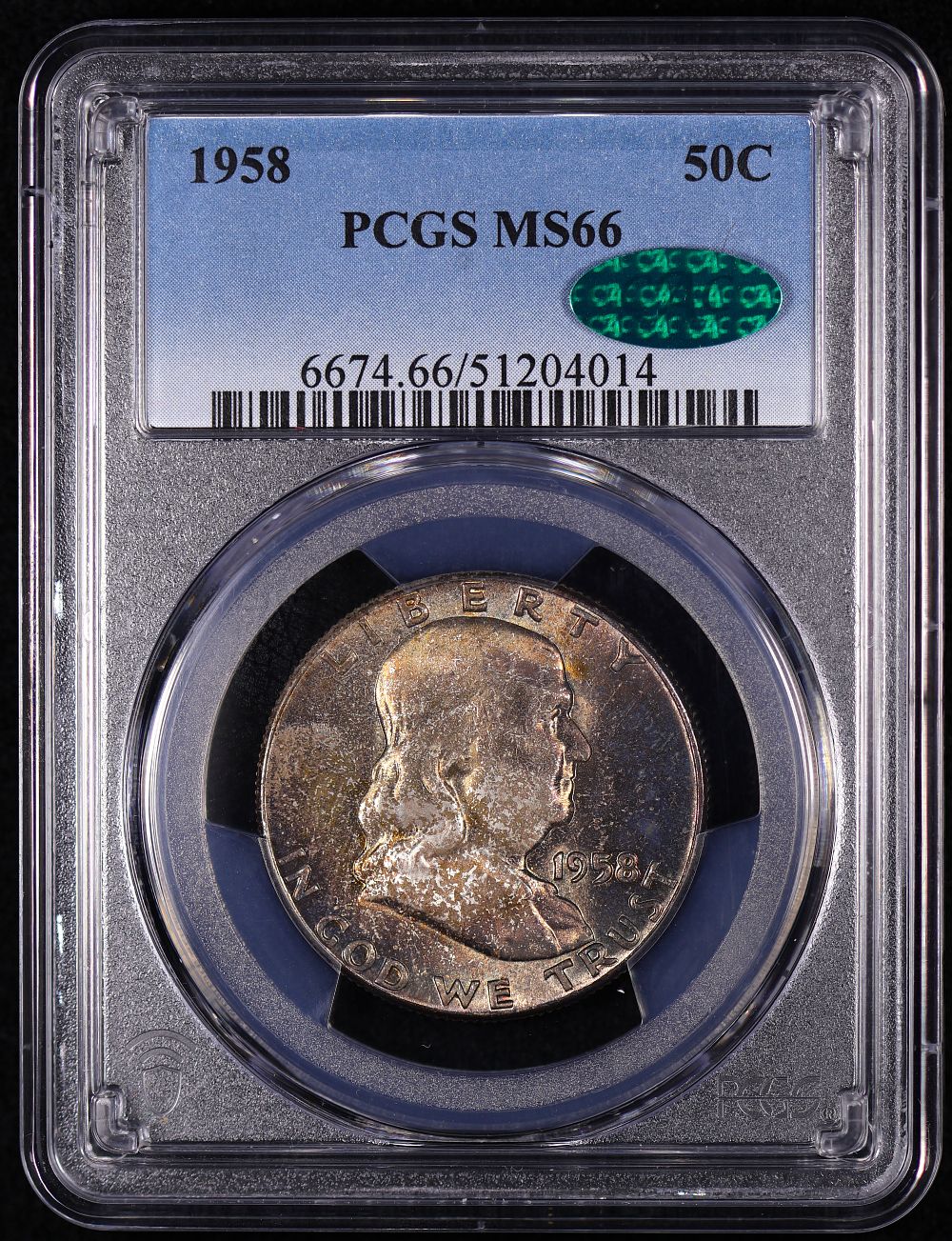 1958 Franklin Half Silver Dollar MS 66 CAC TONED
