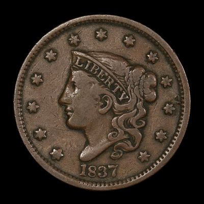 1837 Large Cent Beaded Cords. Transitional year featuring the design of 1838. Nicely circulated.