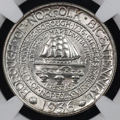 1936 Norfolk Commemorative Silver Half NGC MS-64. Freshly graded from The Lampasas Colletion. 