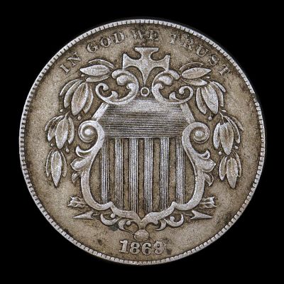 1869 Shield Nickel RPD Die Cracks. Extremely collectible piece. Repunched dates are very popular!
