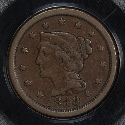 1848 Large Cent Braided Hair XF. Fun little 1984 defunct Accugrade holder. Smaller than a soapbox!