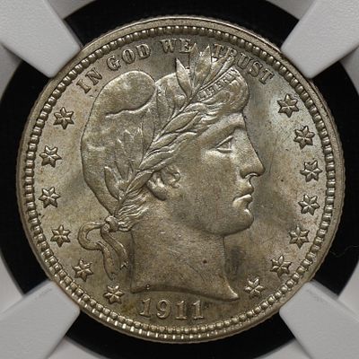 1911 Barber Quarter NGC MS-62 LUSTROUS STUNNER. A criminally low grade here. This coin has a 