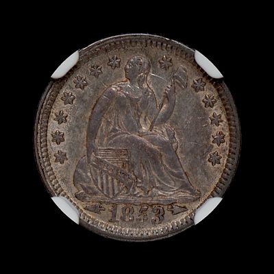 1853 AR Seated Liberty Silver Half Dime NGC AU-55. (DFHF)