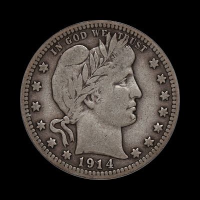 1914 D Barber Silver Quarter ICG F-15. (GMXF)