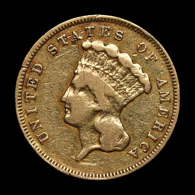 1857 S $3 Princess GOLD Fine Details VERY RARE. (WLRK) S mint $3 gold is very tough to come by! 