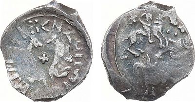 Можайское княжество. Князь Андрей Дмитриевич. Денга 1428-1432 гг. Серебро. 0,46г. Аверс: звери 