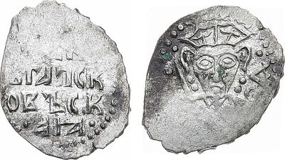 Псковская республика. Денга 1424-1460 гг. Серебро. 0,67г. Аверс: строчная легенда, точки 