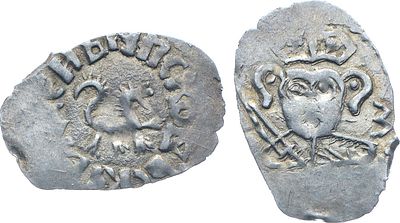 Псковская республика. Денга 1460-1510 гг. Серебро. 0,72г. Аверс: барс вправо, украшения в виде 