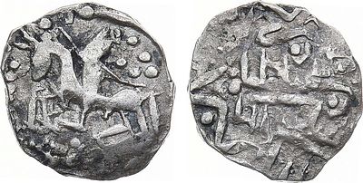 Карачевское княжество. Анонимная денга 1387-1395 гг. Серебро. 1,26г. Аверс: всадник с копьём 