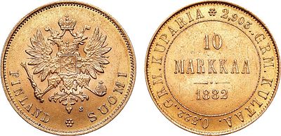 10 марок 1882 года. S. Золото. 3,22г. Для Финляндии. Гельсингфорский монетный двор. Тираж: 